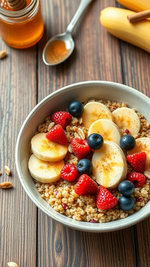 A healthy quinoa breakfast bowl with bananas, berries, nuts, and honey on a wooden table.
